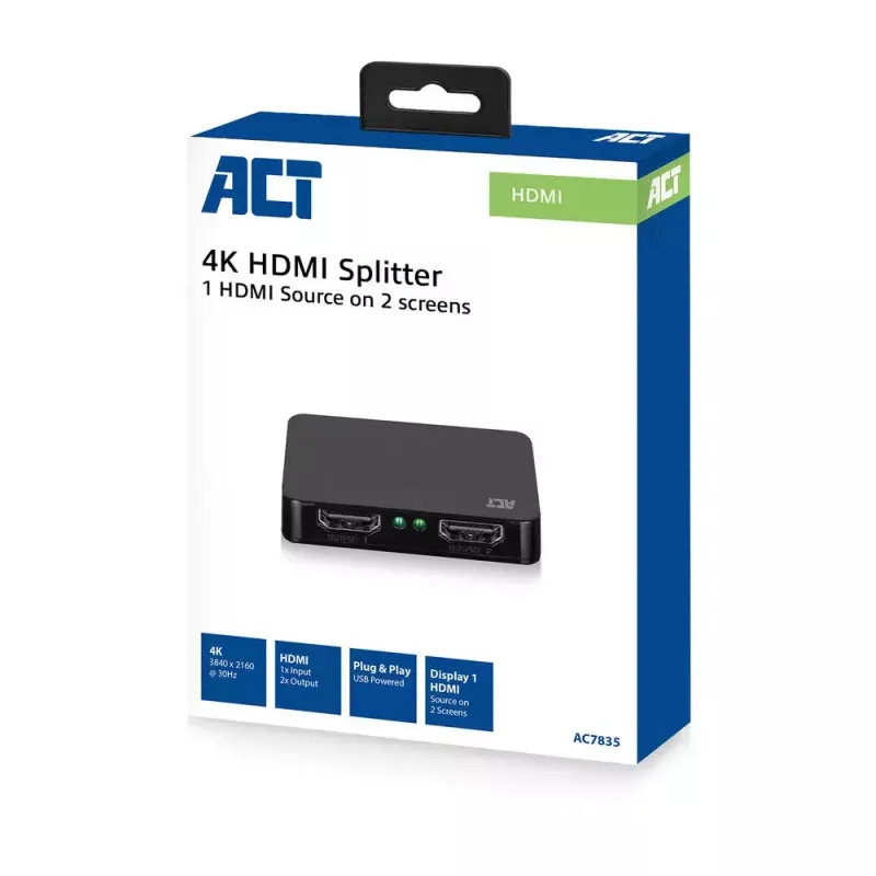 ACT 4K HDMI 1.4 sadalītājs 2 porti 3840 x 2160 pikseļi melns
