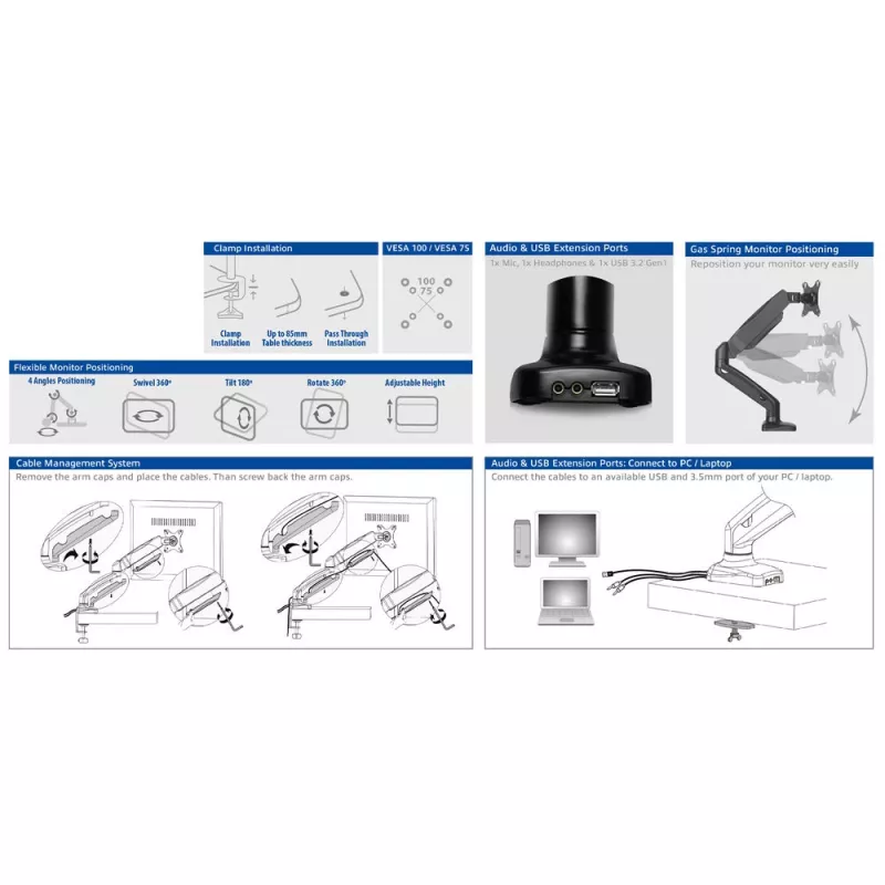 ACT gāzatsperes monitora roka biroja melna AC8311 Clamp/Bolt-through 9 kg