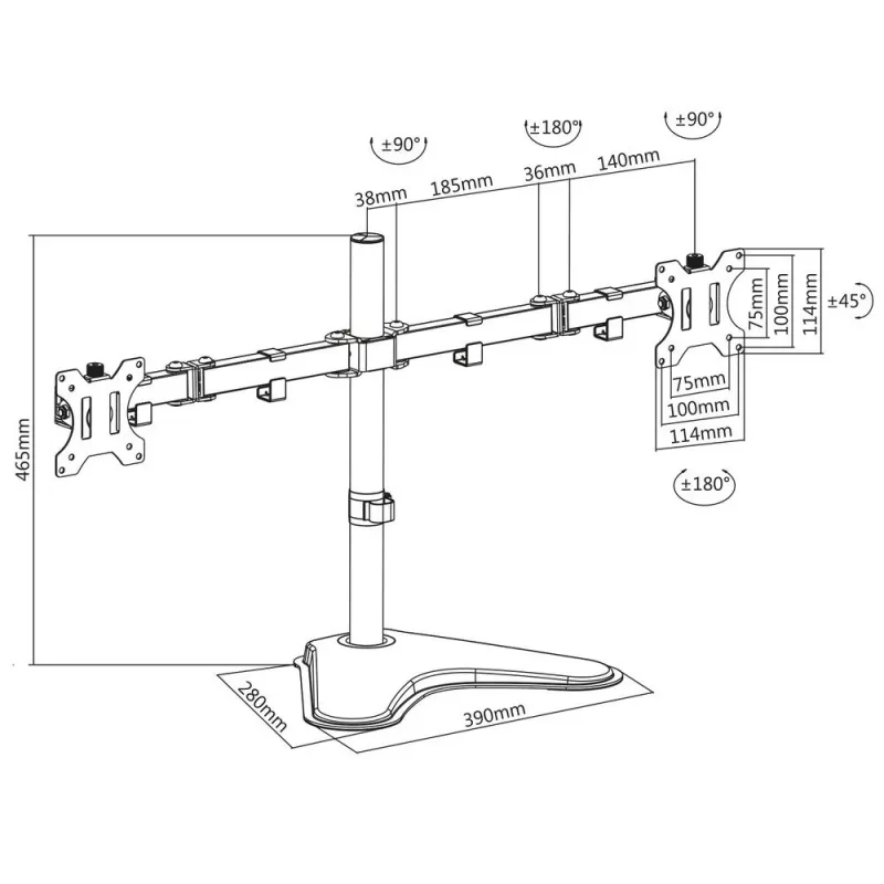 ACT brīvi stāvošs divu monitoru rokturis AC8320 Maksimālais svars 16 kg Minimālais ekrāns 33 cm Maksimālais ekrāns 81,3 cm