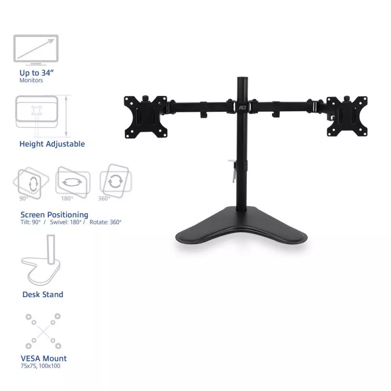 ACT brīvi stāvošs divu monitoru rokturis AC8320 Maksimālais svars 16 kg Minimālais ekrāns 33 cm Maksimālais ekrāns 81,3 cm