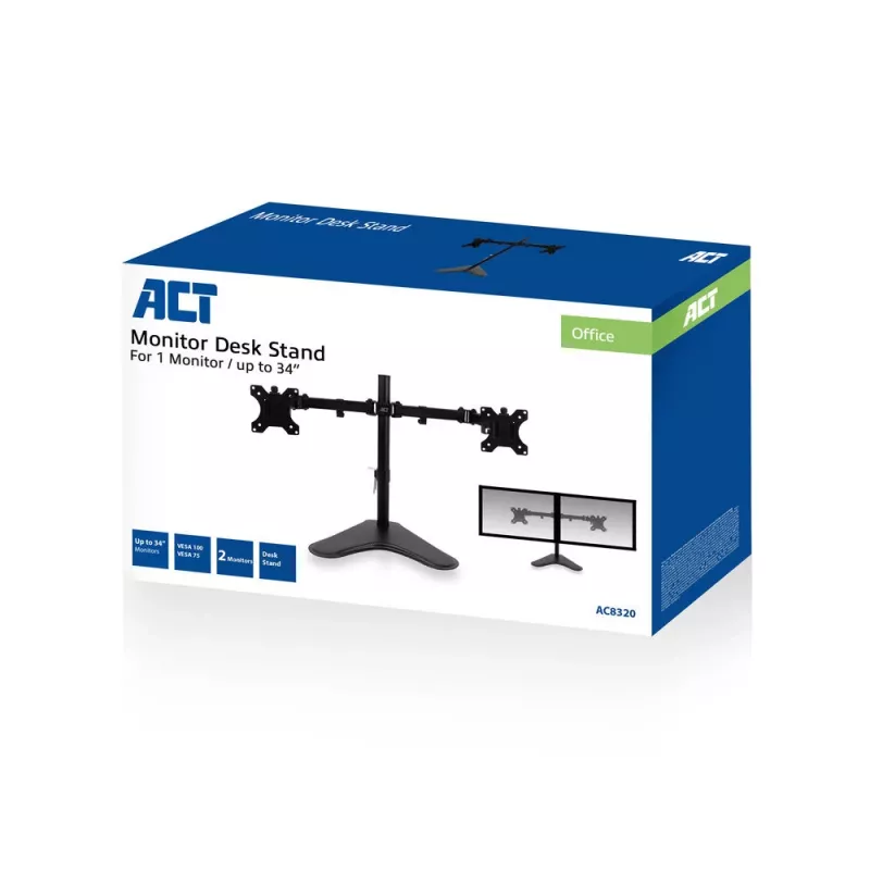 ACT brīvi stāvošs divu monitoru rokturis AC8320 Maksimālais svars 16 kg Minimālais ekrāns 33 cm Maksimālais ekrāns 81,3 cm
