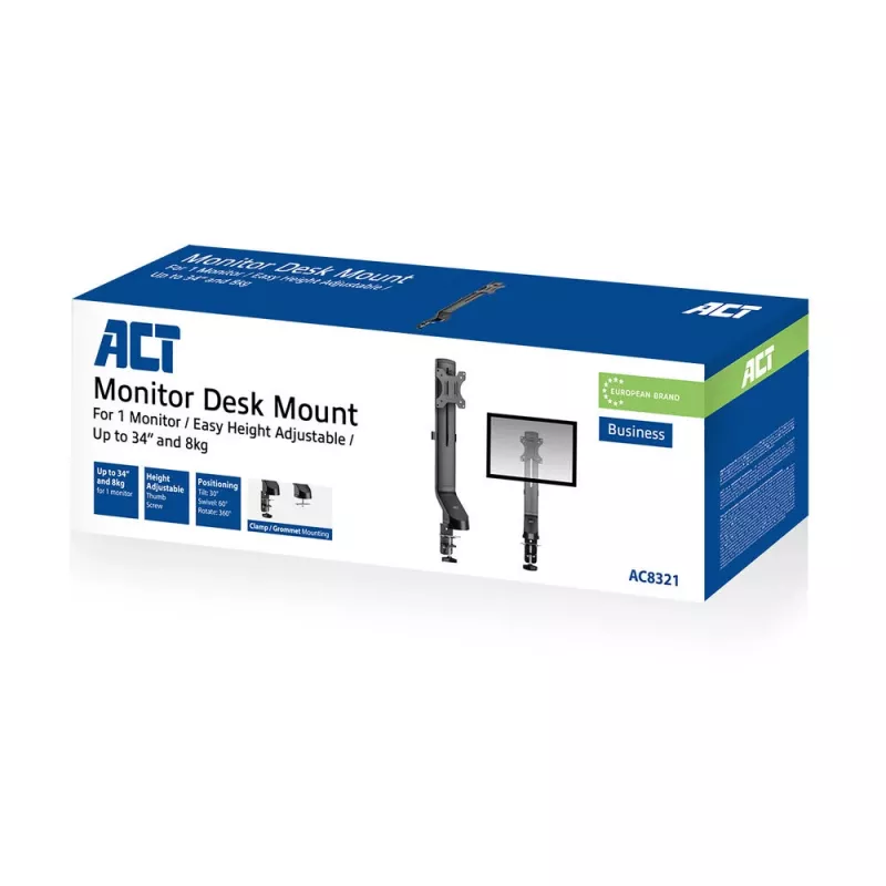 ACT viena monitora roka birojam ar ātru augstuma regulēšanu, skava/caurvilkšanas stiprinājums, 8 kg