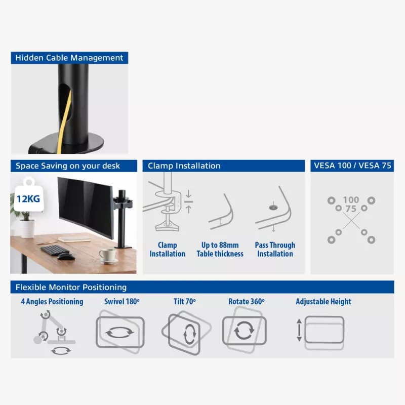 ACT Dual monitora statīvs biroja solid pro skava/caururbjamais 12 kg 10-32 collas
