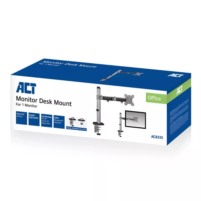 ACT Viena monitora rokas stiprinājums birojam sudraba krāsā Skava/Caururbšanas stiprinājums 9 kg 17-32 collas