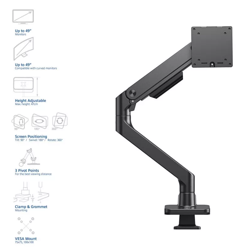ACT Monitora roka 49 collu biroja premium gāzes atspere 1 monitors Clamp/Grommet 20 kg