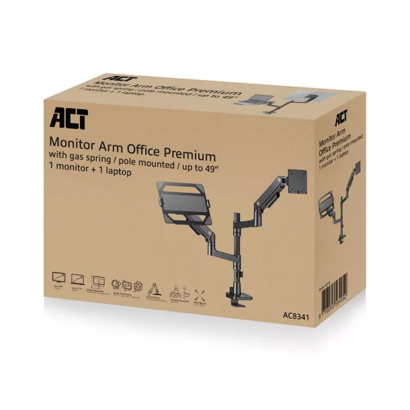 Laptop & monitor arm ACT AC8341 gas spring Melns 49 inch