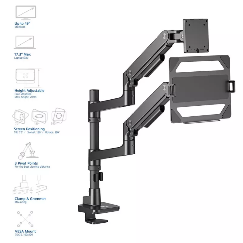 Laptop & monitor arm ACT AC8341 gas spring Melns 49 inch