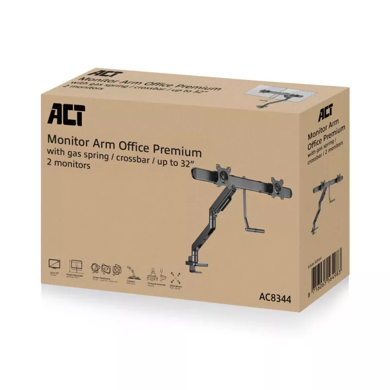 ACT monitora roka 32 collu biroja premium, gāzes atspere, šķērsstienis, 2 monitoriem