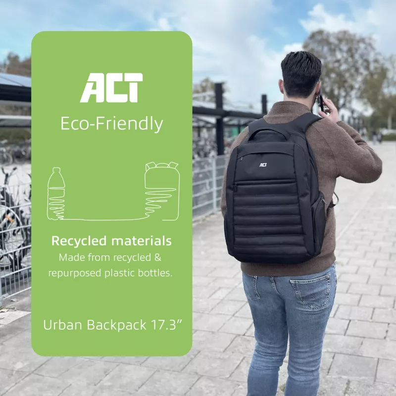 ACT Urban klēpjdatora mugursoma 17,3 collu, izgatavota no pārstrādātām plastmasas pudelēm