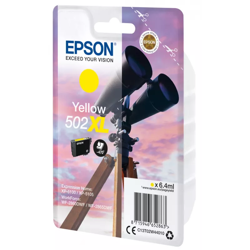 Epson vienpakas dzeltenā 502XL tinte, augstas (XL) ietilpības, dzeltena, uz pigmenta bāzes, 6,4 ml, 1 gab., 470 lapas