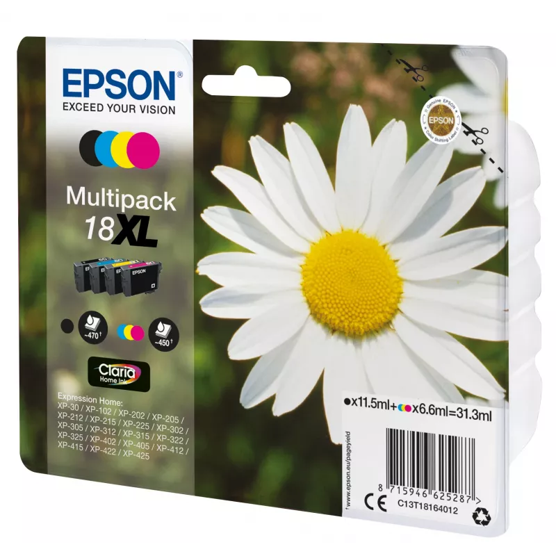 Epson Daisy Multipack 4-colours 18XL Claria Home Ink, Melns, ciāna, fuksīna, dzeltena, 11.5 ml, 6.6 ml, 1 gab., 470 lapas, Multi pack