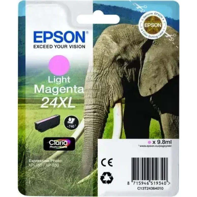 Tintes kasetne Epson Elephant Singlepack Gaiši fuksīna 24XL Claria Photo HD (viena, uz pigmenta bāzes, gaiši fuksīna)