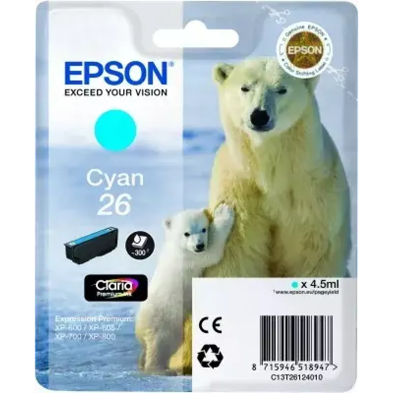 Tintes kasetne Epson C13T26124010 Singlepack ciāna 26 Claria Premium — Ciāna, 1 gab.
