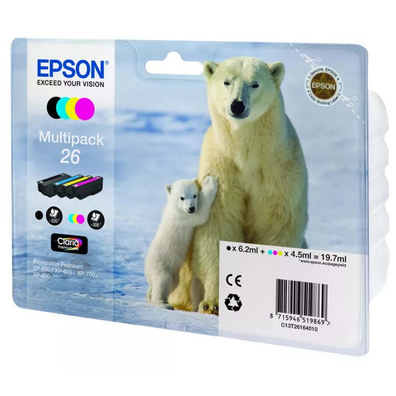 Epson Polar bear Multipack 4-colours 26 Claria Premium Ink, Melns, ciāna, fuksīna, dzeltena, 6.2 ml, 4.5 ml, 1 gab., Multi pack
