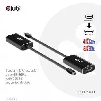 CLUB3D Mini DisplayPort 1.4 uz HDMI 4K120Hz ar DSC1.2 aktīvais adapteris M/F