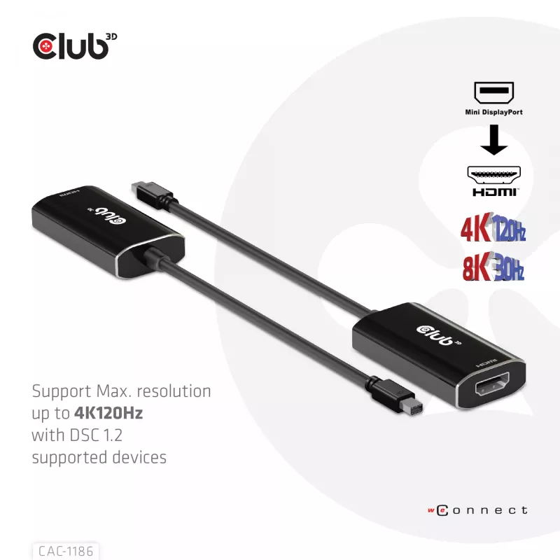 CLUB3D Mini DisplayPort 1.4 uz HDMI 4K120Hz ar DSC1.2 aktīvais adapteris M/F