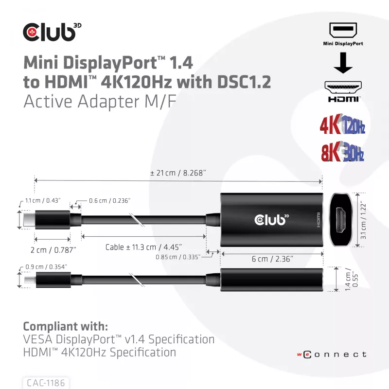 CLUB3D Mini DisplayPort 1.4 uz HDMI 4K120Hz ar DSC1.2 aktīvais adapteris M/F