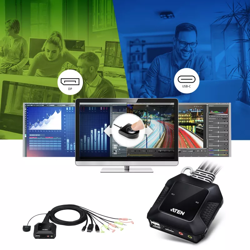 ATEN 2 portu USB-C DisplayPort hibrīda kabeļa KVM slēdzis, 4096 x 2160 pikseļi, 4K Ultra HD, 0,74 W, melns