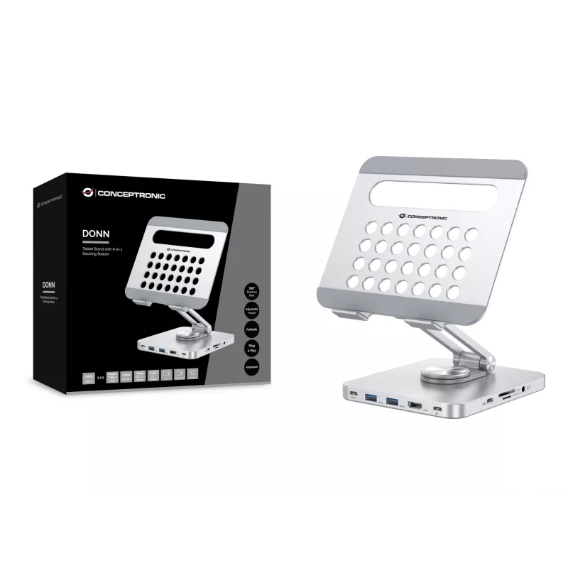 Conceptronic DONN26G, Silver, Planšetdators, Multivides statīvs, Alumīnijs, 100 W, MicroSD (TransFlash), SD, SDHC, SDXC