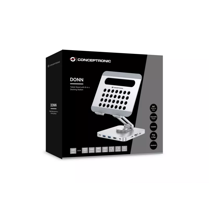 Conceptronic DONN26G, Silver, Planšetdators, Multivides statīvs, Alumīnijs, 100 W, MicroSD (TransFlash), SD, SDHC, SDXC