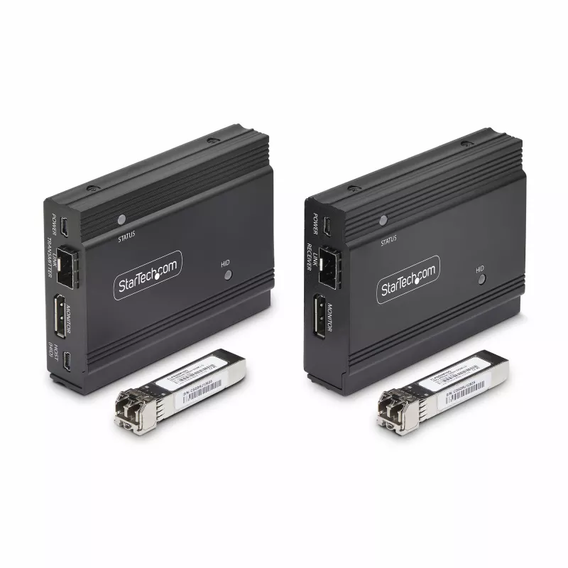 StarTech.com DisplayPort KVM pagarinātājs pa optisko šķiedru, 4K 60Hz, konsoles pagarinātāja komplekts, līdz 984 pēdām/300 m (daudzrežīmu) ar iepriekš uzstādītiem SFP+ moduļiem, 3x USB HID