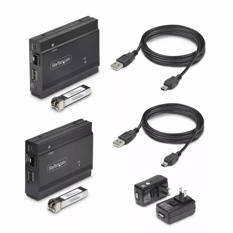 StarTech.com DisplayPort KVM pagarinātājs pa optisko šķiedru, 4K 60Hz, konsoles pagarinātāja komplekts, līdz 984 pēdām/300 m (daudzrežīmu) ar iepriekš uzstādītiem SFP+ moduļiem, 3x USB HID