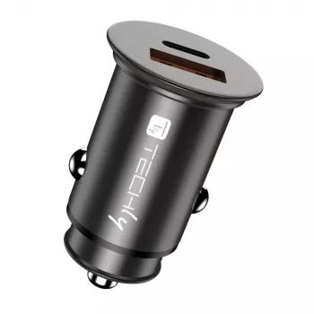 Techly Mini automašīnas lādētājs USB-A un USB-C Quick Charge 3.0 38 W, melnā metāla korpusā