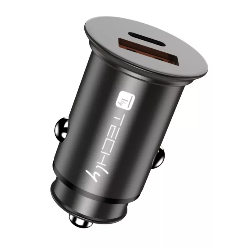 Techly Mini automašīnas lādētājs USB-A un USB-C Quick Charge 3.0 38 W, melnā metāla korpusā