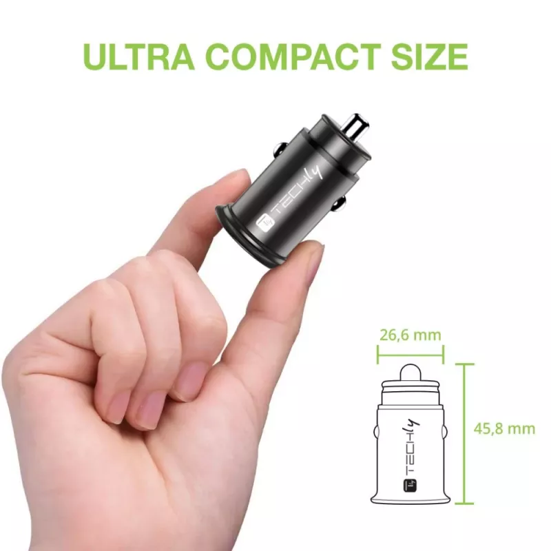 Techly Mini automašīnas lādētājs USB-A un USB-C Quick Charge 3.0 38 W, melnā metāla korpusā