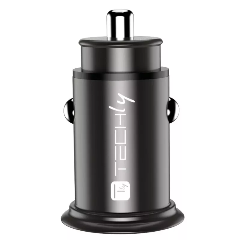 Techly Mini automašīnas lādētājs USB-A un USB-C Quick Charge 3.0 38 W, melnā metāla korpusā