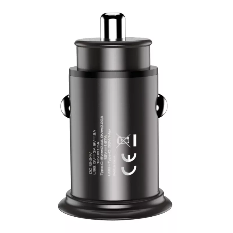 Techly Mini automašīnas lādētājs USB-A un USB-C Quick Charge 3.0 38 W, melnā metāla korpusā
