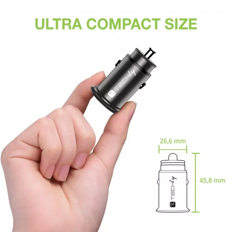 Techly Mini automašīnas lādētājs USB-A un USB-C Quick Charge 3.0 38 W, melnā metāla korpusā