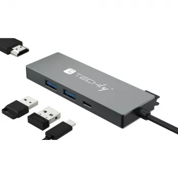 Techly IUSB32C-HUB4HPD klēpjdatora dokstacija/porta replikators ar vadu USB 3.2 Gen 2 (3.1 Gen 2) Type-C pelēks