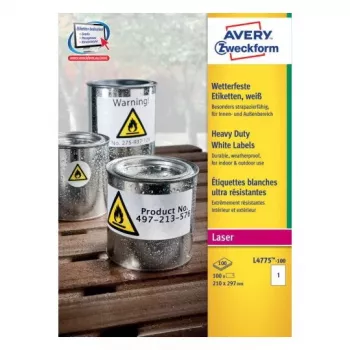 Pašlīmējošā noapaļota taisnstūra uzlīme Avery Zweckform L4775-100, Pastāvīga, Balta, 210×297 mm, 100 gab.