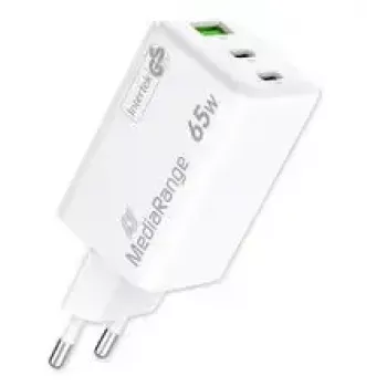 Mobilo ierīču lādētājs MediaRange MRMA116-2 — Iekštelpu maiņstrāvas ātrais lādētājs, 100–240 V ieeja, līdz 20 V izeja, 2× USB-C, balts