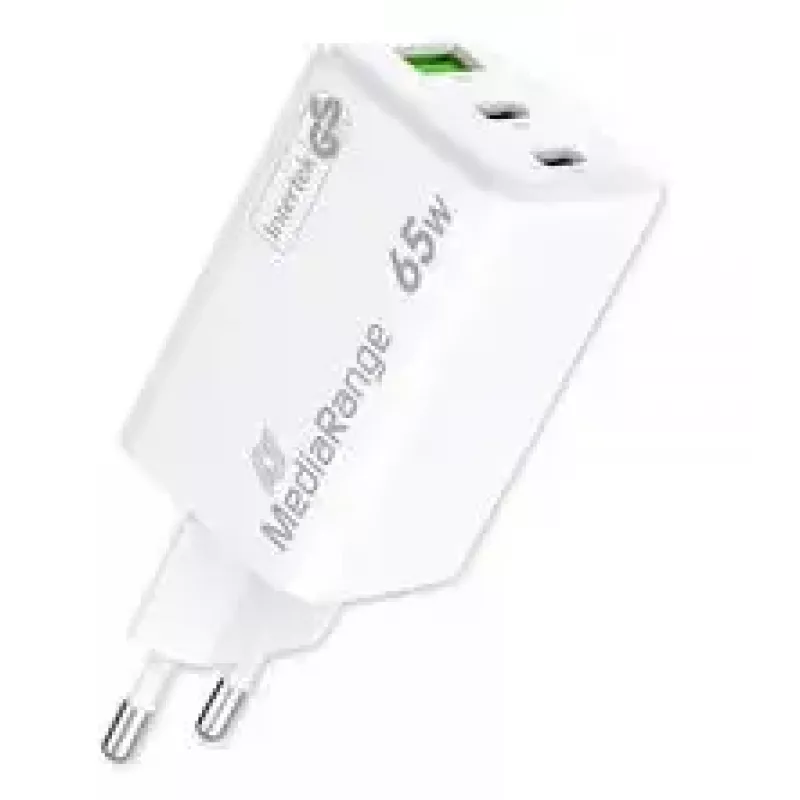 Mobilo ierīču lādētājs MediaRange MRMA116-2 — Iekštelpu maiņstrāvas ātrais lādētājs, 100–240 V ieeja, līdz 20 V izeja, 2× USB-C, balts