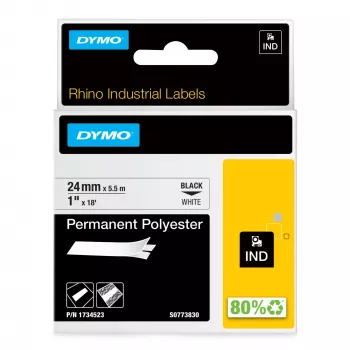 DYMO Rhino Industrial Permanent Polyester Labels | 24 mm x 5.5 m | Melns Print on Balts | Self-Adhesive | for LabelManager & Rhino Label Makers