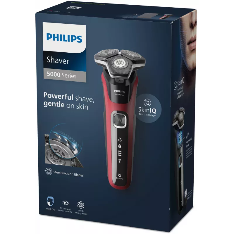 Rotācijas skuveklis Philips Series 5000 S5883/10 — 3 galviņas, mitrai un sausai lietošanai, 60 min darbības laiks, LED displejs, uzlādējams ar USB