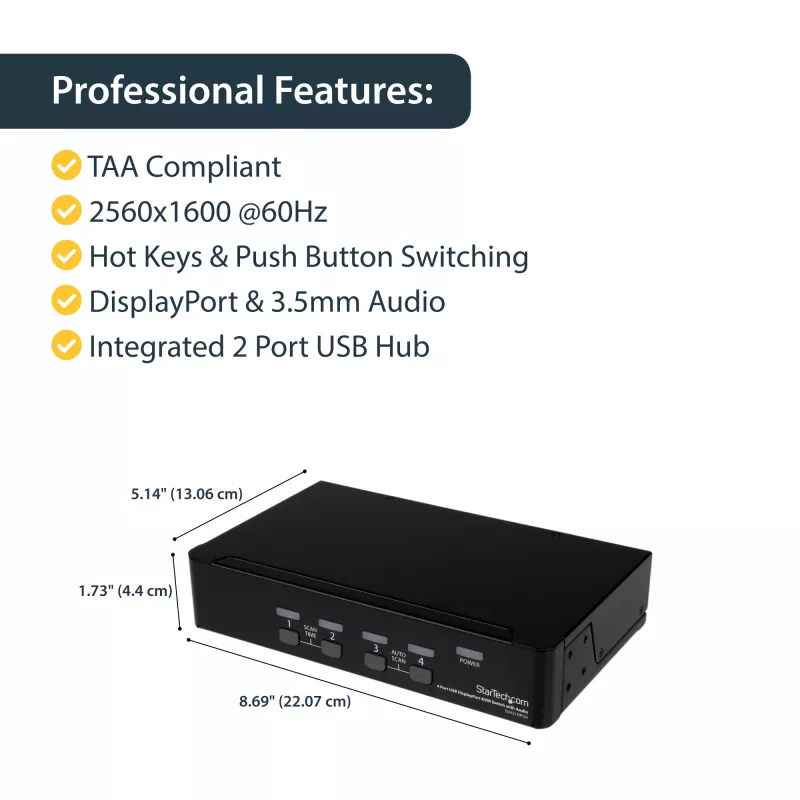 StarTech.com 4 portu USB DisplayPort KVM slēdzis ar audio, 3840 x 2400 pikseļi, melns