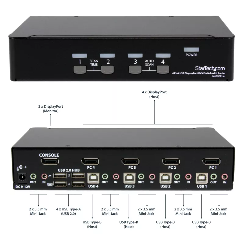 StarTech.com 4 portu USB DisplayPort KVM slēdzis ar audio, 3840 x 2400 pikseļi, melns