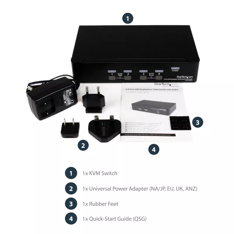 StarTech.com 4 portu USB DisplayPort KVM slēdzis ar audio, 3840 x 2400 pikseļi, melns