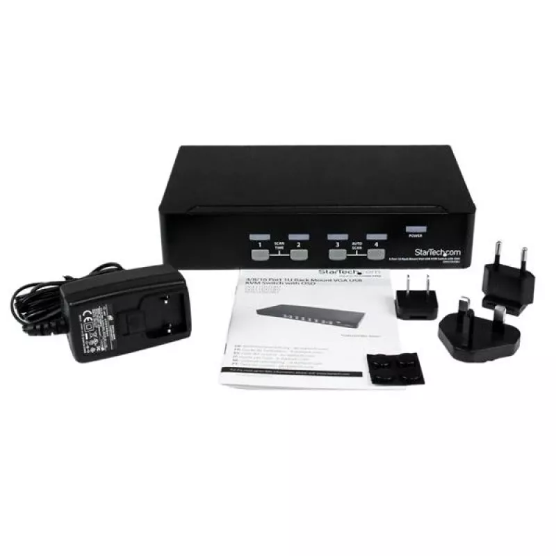 StarTech.com 4 pieslēgvietu 1U montējams statīvā USB KVM slēdzis ar OSD, 1920 x 1440 pikseļi, montāža statīvā, 5,4 W, 1U, melns