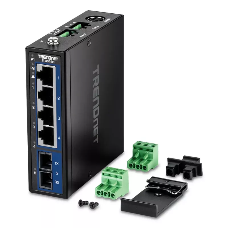 Nepārvaldāms Gigabitu Ethernet slēdzis TRENDnet TI-G51SC, 4x RJ-45 10/100/1000, 10 Gbit/s kapacitāte, 2000 MAC, 9–60V, sienas montāžai