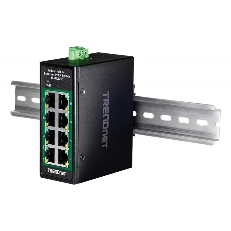 Nepārvaldāms Fast Ethernet PoE slēdzis TRENDnet TI-PELC80 — 8x 10/100 Mbps RJ-45, IEEE 802.3af/at, 48–56 V DC, sienas montāžai