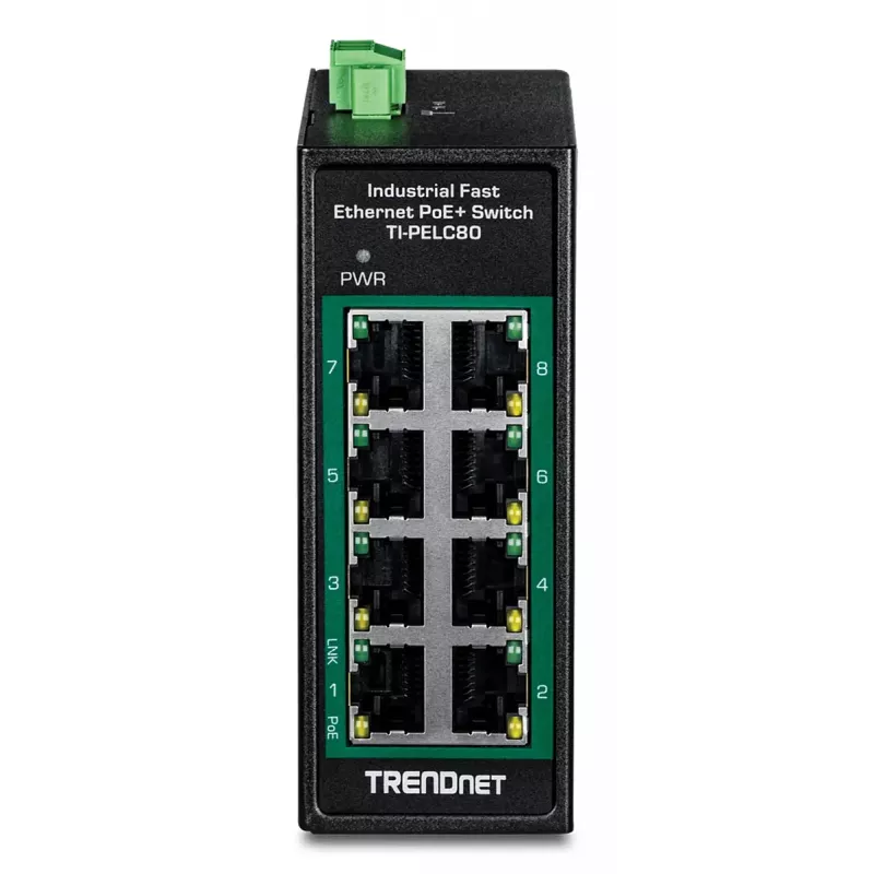 Nepārvaldāms Fast Ethernet PoE slēdzis TRENDnet TI-PELC80 — 8x 10/100 Mbps RJ-45, IEEE 802.3af/at, 48–56 V DC, sienas montāžai