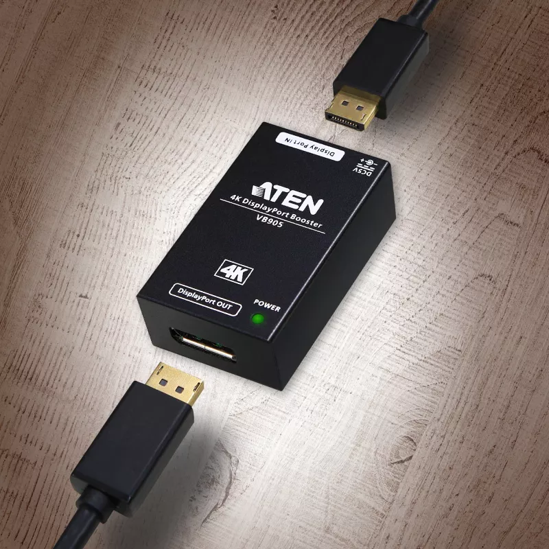AV atkārtotājs ATEN 4K Display Port Booster VB905-AT-G — 4K (4096×2160), vadu, 20 m diapazons, 5 V/2,6 A, melns