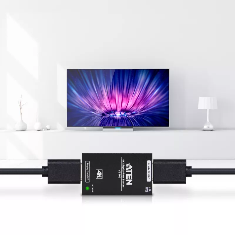 AV atkārtotājs ATEN 4K Display Port Booster VB905-AT-G — 4K (4096×2160), vadu, 20 m diapazons, 5 V/2,6 A, melns