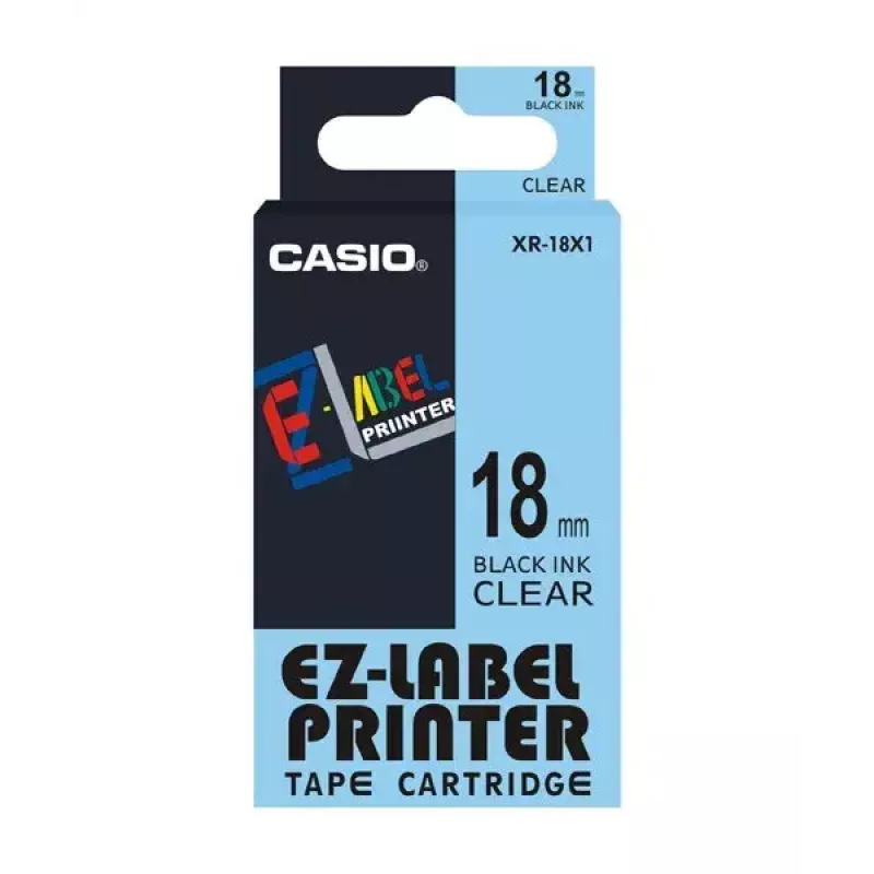 Uzlīmju lente Casio XR-18X1 melns uz caurspīdīga