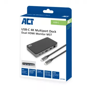 ACT USB-C 4K MST dokstacija 2 HDMI monitoriem, Ethernet, USB-C, 3x USB-A, PD caurlaide un 1 metru atvienojams savienojuma kabelis