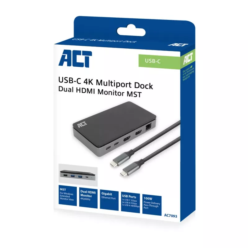 ACT USB-C 4K MST dokstacija 2 HDMI monitoriem, Ethernet, USB-C, 3x USB-A, PD caurlaide un 1 metru atvienojams savienojuma kabelis